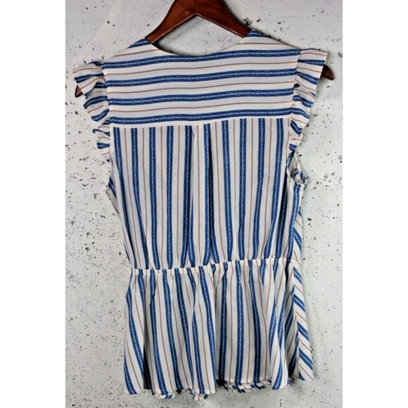 Monteau Los Angeles Top Womens Size Large Cream Blue Striped Faux Wrap Blouse - Picture 2 of 7
